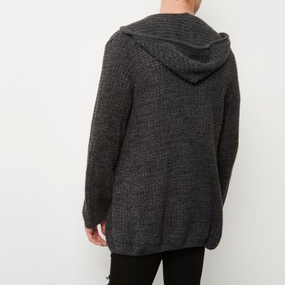 Dark grey knit open hooded longline cardigan